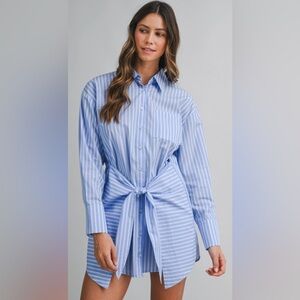 COSTA AZUL Chic Blue Striped Shirt Dress with Tie Front